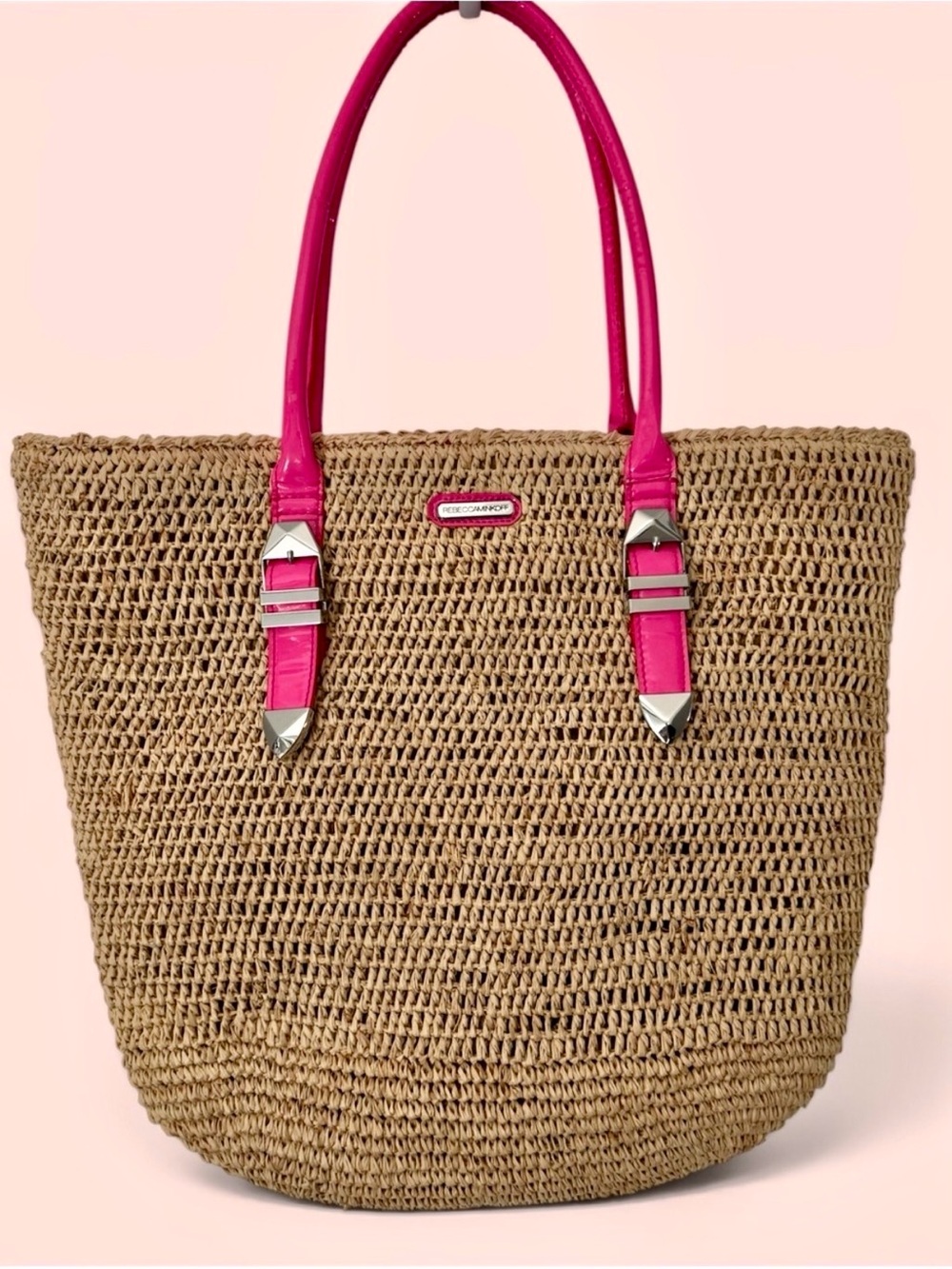 Rebecca Minkoff Straw Tote Bag Pink Patent Leather Handles Excellent Condition